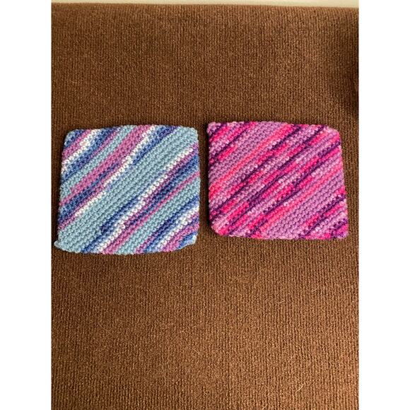 Hand Knit Hot Pads Dish Cloths Lot of 2 Pink Purple Square Double Layer - Picture 3 of 5